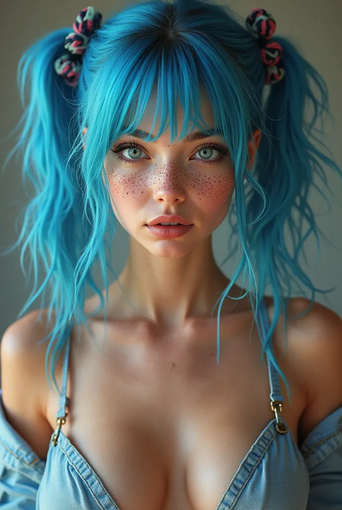  A hyperrealistic young woman with vibrant electric blue hair, tied and fastened with scrunchies . ,   her freckled skin shines and her penetrating blue eyes reflect . she has big breasts,  without clothes on top or underwear , full body, Sensual , é ela v...