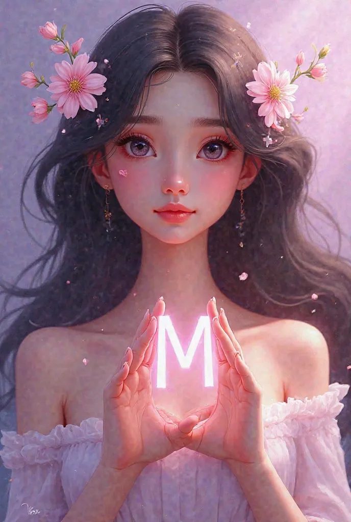 Disney Pixar, a beautiful woman , with. Few flowers in her hair , holding the letter M in her hand , smooth lilac background .