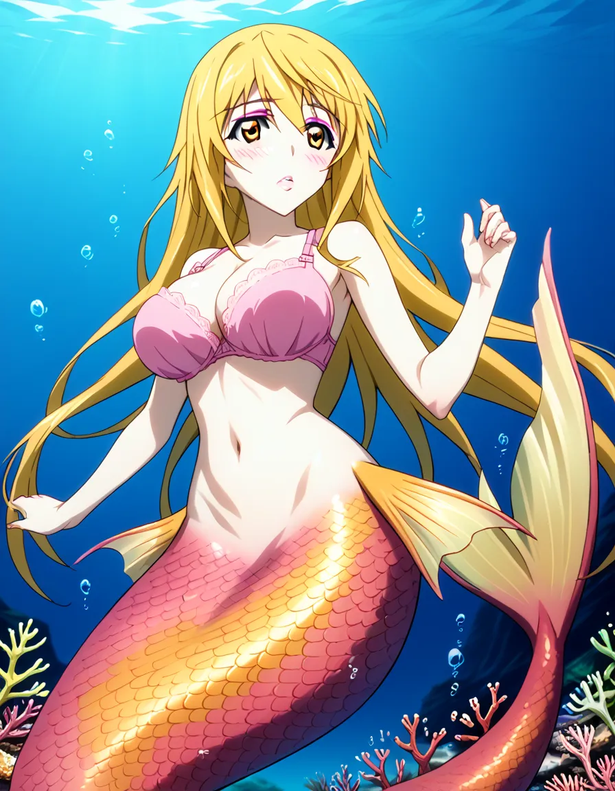 score_9, score_8_up, score_7_up, score_6_up, score_5_up,
Infinite Stratos Style, 1girl, solo, alone, large_breasts, cleavage, bra, pink bra, yellow mermaid, yellow mermaid tail below waistline, scales mermaid tail, yellow eyes, yellow hair, pony tail, pink...