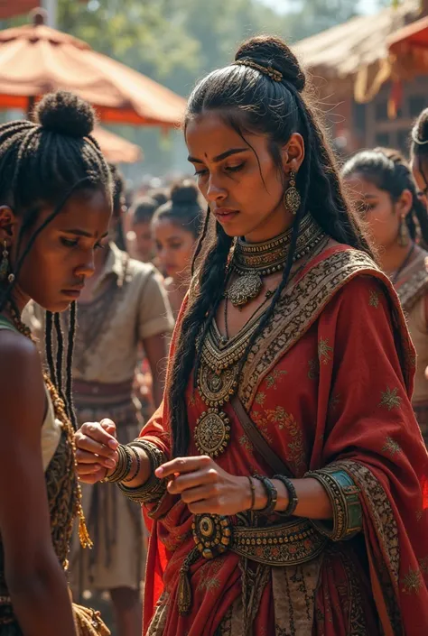 Identical, but that the Aztec woman, regardless of her, pays the owner of the slaves, And the daughter is sad in the background 