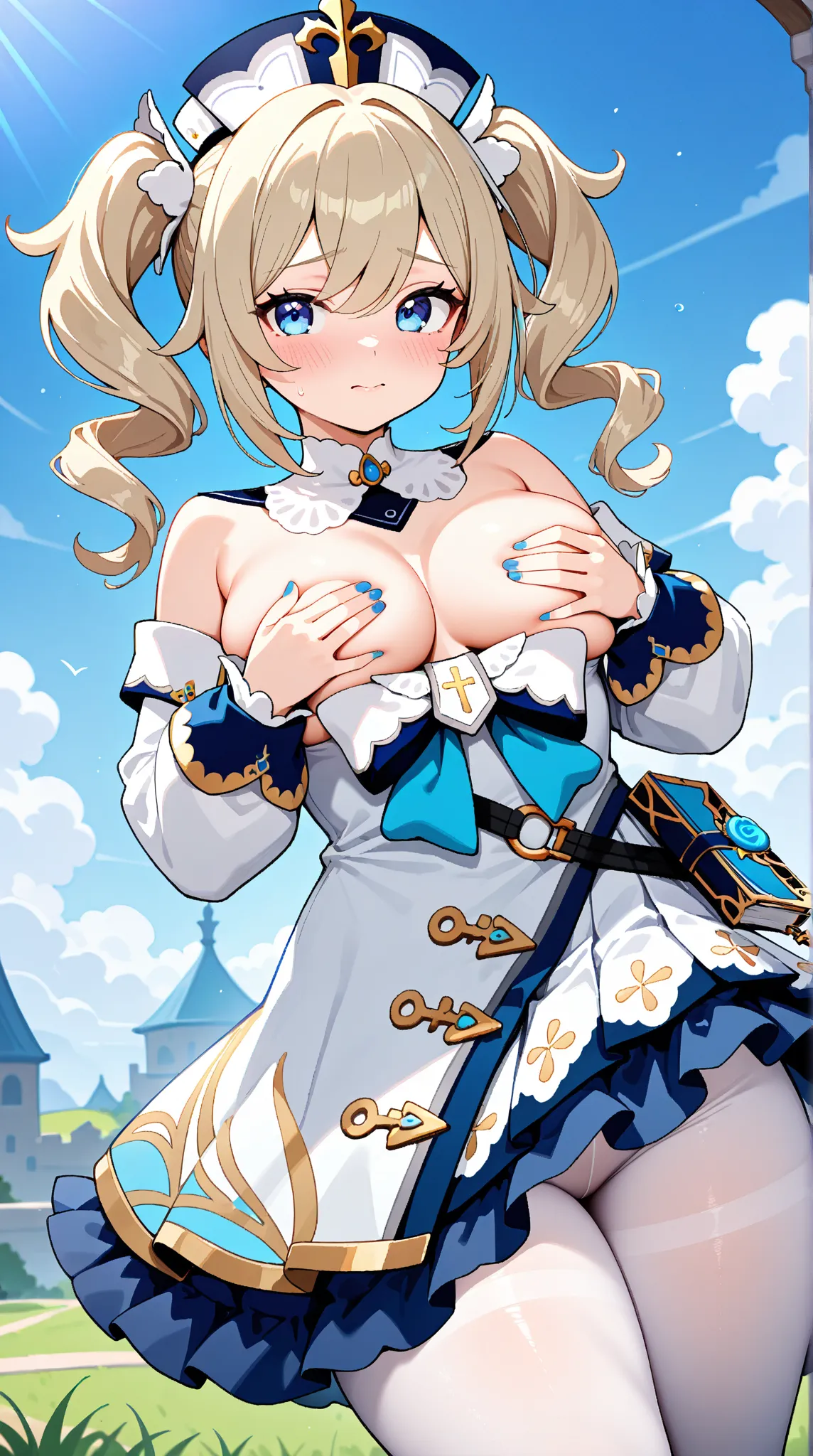  barbara (genshin impact), 1girl, solo, long hair, looking at viewer, blush, thick thighs, large breasts, blue eyes, blonde hair, long sleeves, bow, bare shoulders, twintails, outdoors, cowboy shot, frills, detached sleeves, white dress, nail polish, detac...