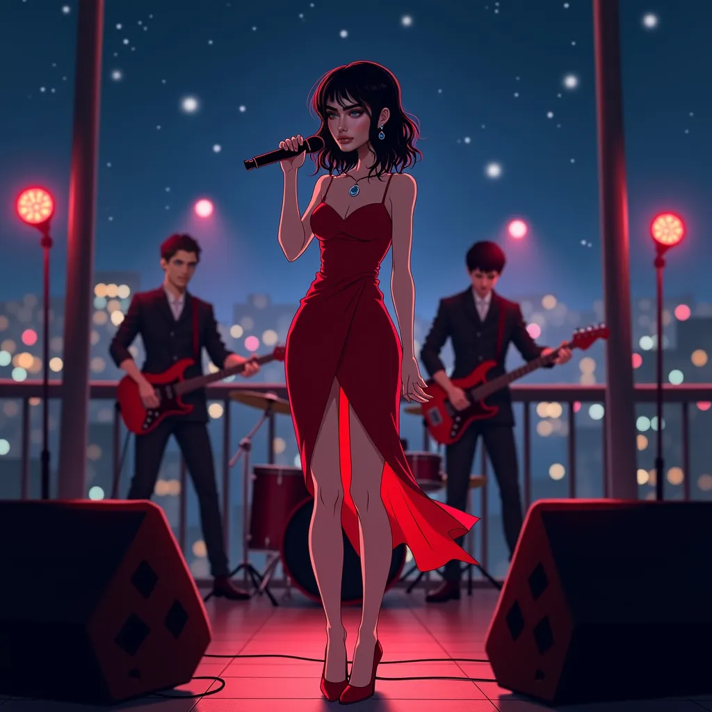 Realistic image,  Skinny young woman, medium undulated black hair with fringe , blue eyes, with a red dress tied medium open on the side , with high red shoes, singing with a black microphone , with your bands playing. The night on the terrace of a buildin...