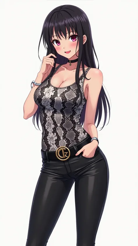 Japanese anime age woman with long straight black hair and intense magenta eyes and wears a tight tank top with snakeskin print in shades of black and white. She wears black leather pants and a belt with a buckle that has the initials  "ck". She also wears...