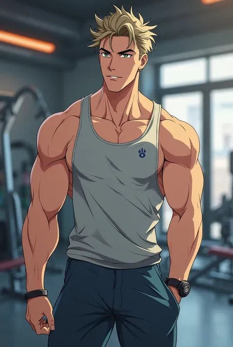 Skinny Toned cute man gym trainer in a gym anime style with slightly long back hair white skin 