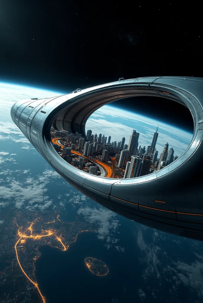 realistic image of the interior of a long horizontal metal channel that curves upwards on the background horizon with a futuristic city inside and is in outer space orbiting planet Earth ,   as realistic as possible  