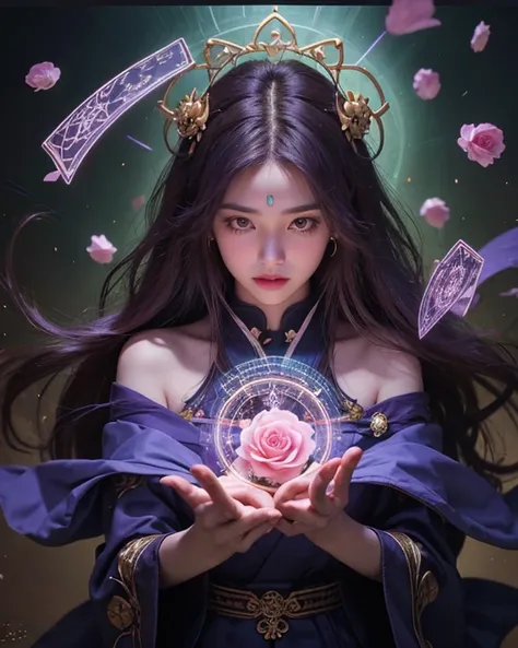 3D realistic style，Diffuse Falling Rose Petals，A Neon Tarot book floating in the hands of a Japanese female Tarot Master with long golden purple hair summoned five neon tarot cards floating around the body in the ghostly Five-Mon-Star Magic Realm.。