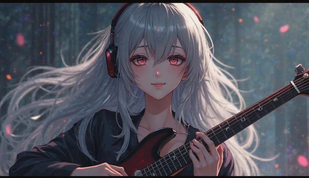 long hair, open your mouth slightly, headphones, have twinkling eyes,  gray hair　older sister　 beauty　 electric guitar on my computer　, anime, tears, smile