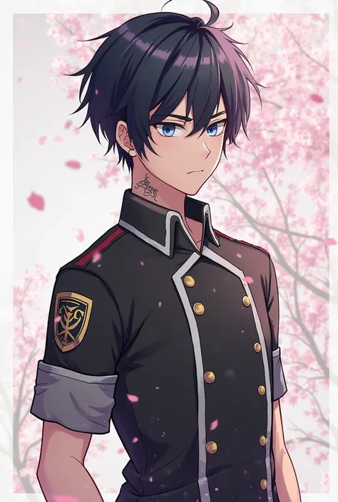 Make an OC in the style of Tokyo Revengers. He's a short  with a serious face. Your hair is dark, blue eyes, neck tattoo. Usa um Gangue Uniform branco, with details in the style of the Sakura pink tree.  boy, Gangue Uniform, Sakura rosa, png