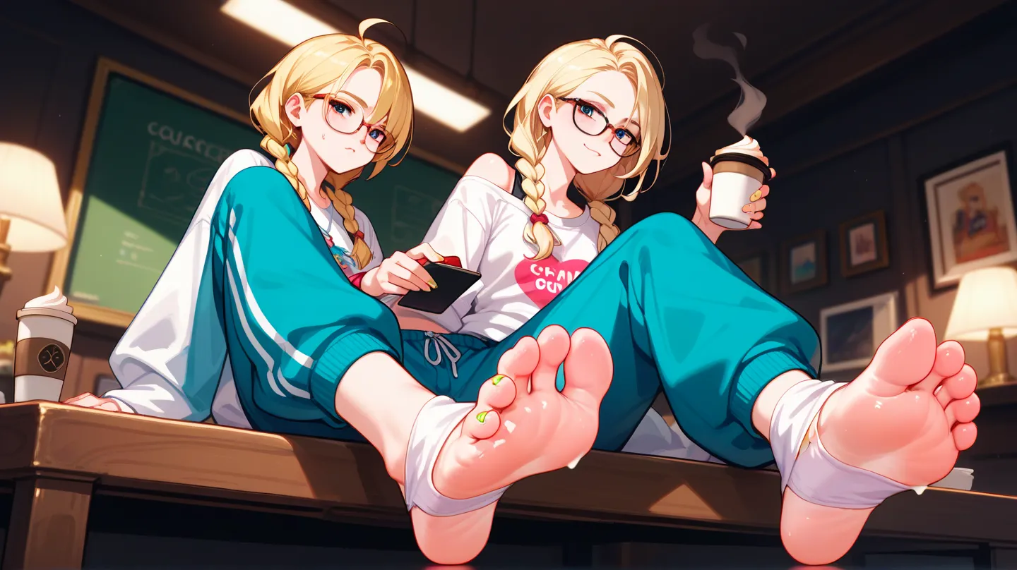 blonde hair, loose fitting red, baggy pants sweatpants,glasses,blonde hair, low twin braids, sitting on table, focus on foot ,down, down view, fingerless sock ,large pants,shiny skin,pale skin,Colored toenails,toeless legwear,Stirrup Soles , pretty feet,St...