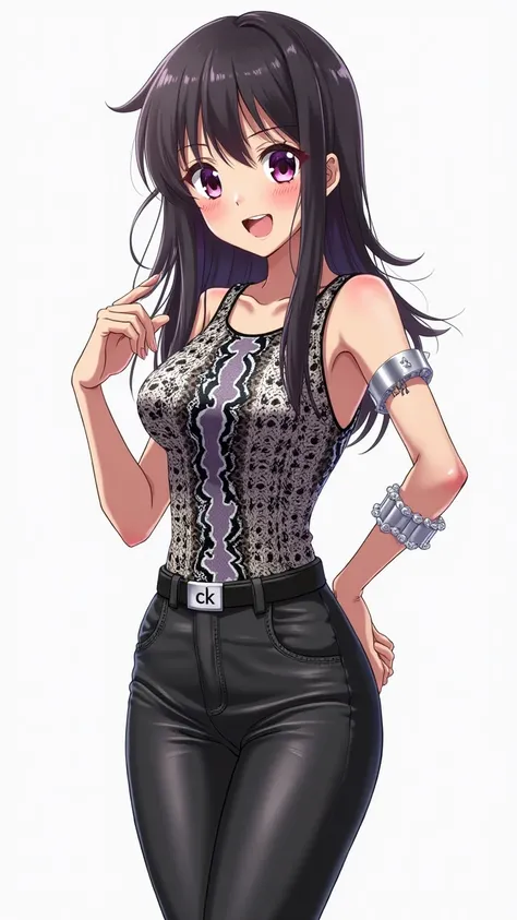 Japanese anime age woman with long straight black hair and intense magenta eyes and wears a tight tank top with snakeskin print in shades of black and white. She wears black leather pants and a belt with a buckle that has the initials  "ck". She also wears...