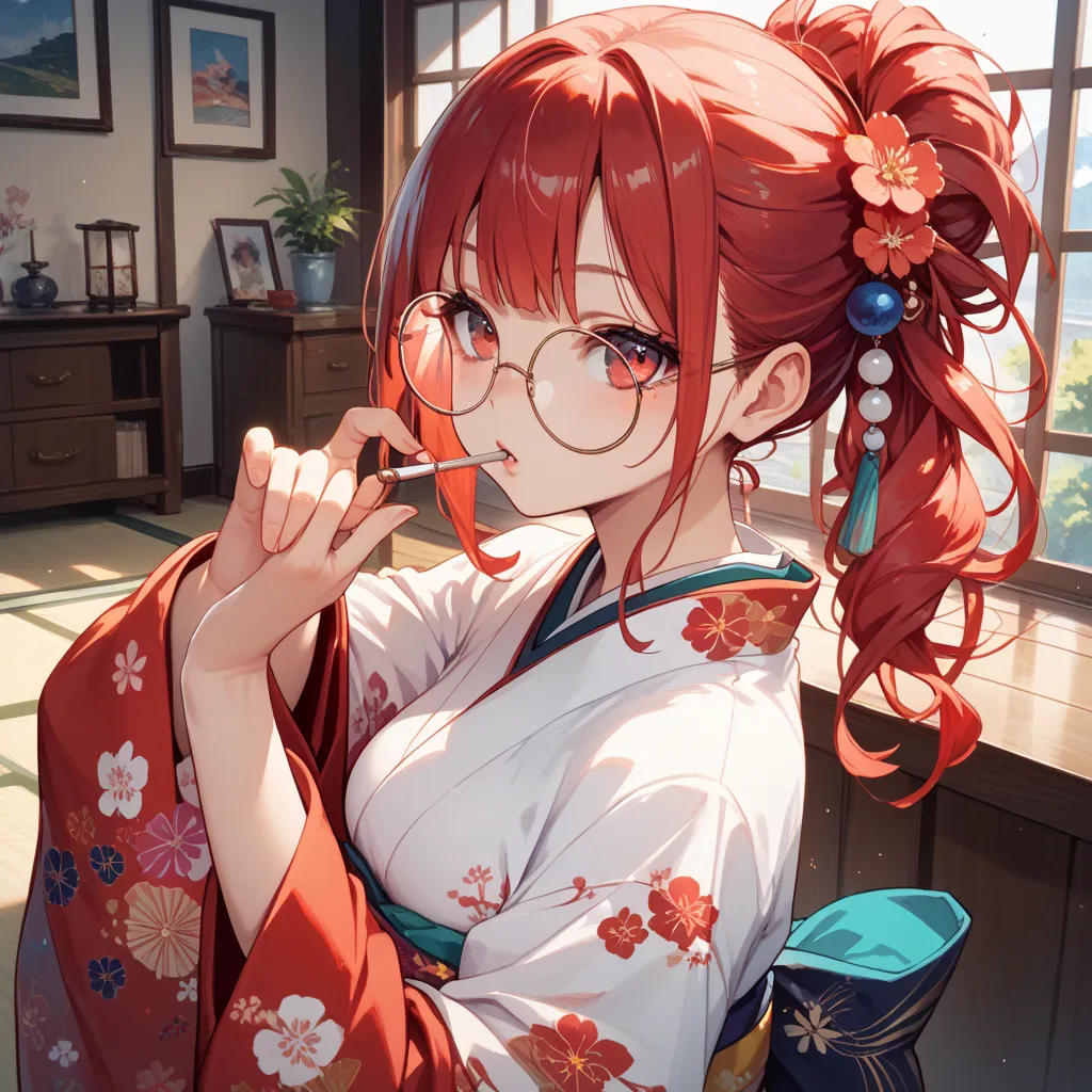 girls　 red hair 　 red eyes　 kimono　赤い kimono　Round Glasses　Japanese-style room　