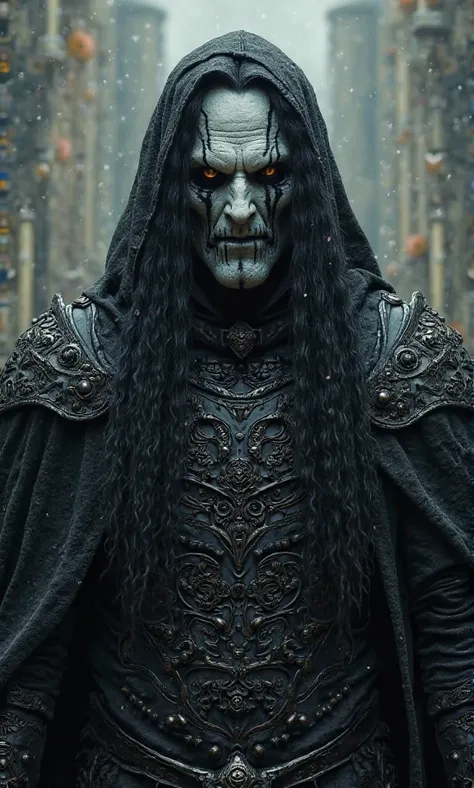 Create an evil lord; with gray-white skin and with black face paint around the eyes and mouth, with dark black hair and a completely black armor