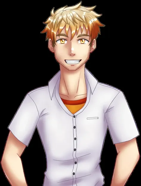 Boy school uniform, blond hair with orange tips, alegre y divertido.