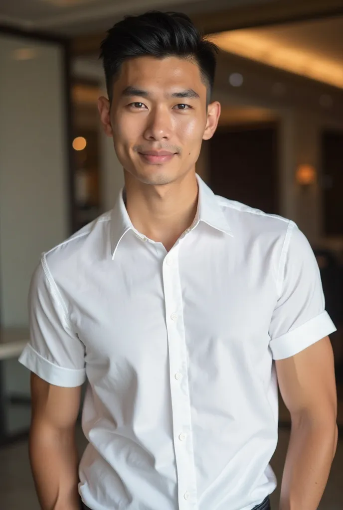 "A handsome 25-year-old Asian male model with a clean-shaven face, wearing a perfectly smooth, wrinkle-free white short-sleeve dress shirt. He has sharp facial features, well-groomed hair, and a confident, relaxed posture. He poses naturally in a luxurious...