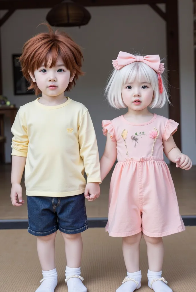 Realistic photography art, extremely realistic photo of A young boy, he has blood-red hair, messy slightly wavy hair, striking light blue eyes, asian eye shape, fair skin, round face. Wear a pale light yellow long sleeve shirt, dark blue shorts, White sock...