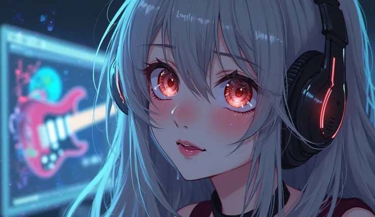 long hair, open your mouth slightly, headphones, have twinkling eyes,  gray hair　older sister　 beauty　 electric guitar on my computer　, anime, tears,smiles, 