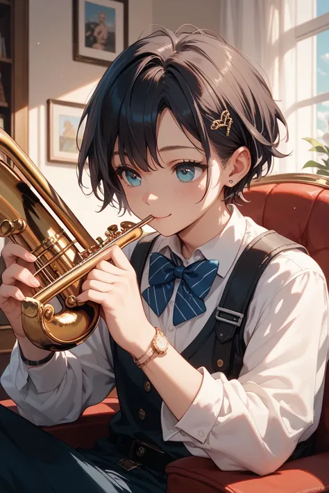 A cute girl is playing saxophone with a man