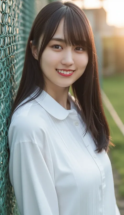 young woman、 soft focus photo 、 long,  straight black hair with bangs and white skin.  with light makeup ,  pinkish light red lips around eyes . She is slim、Almost naked.   she smiled and looked at the camera .  she's surrounded by an iron fence ,  separat...