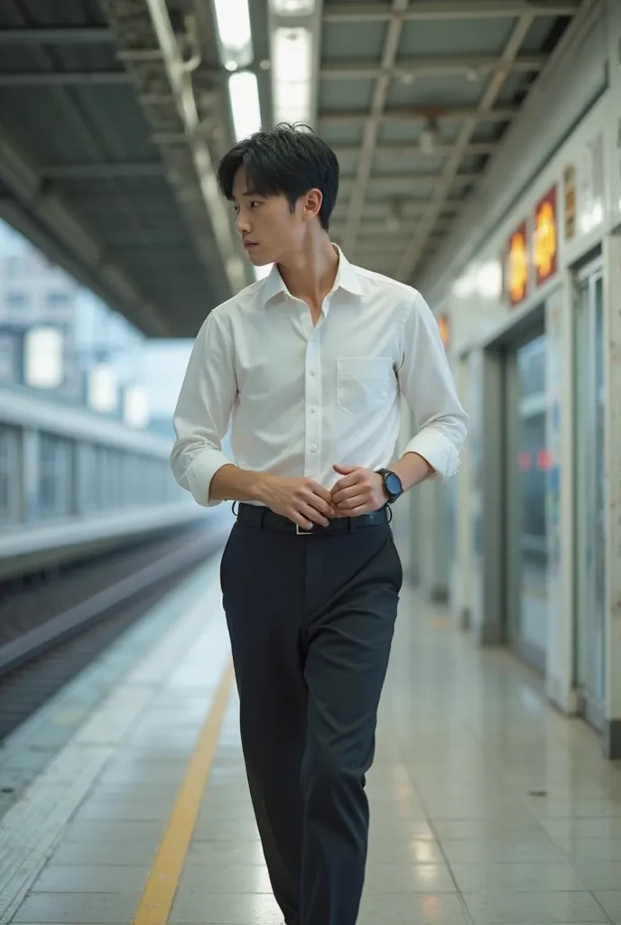 Japanese man(20th Generation)、Real photo style、running in a hurry while looking at the watch。black hair short hair、Composition of a white shirt and black slacks。 station platform。natural light。High quality 8K。