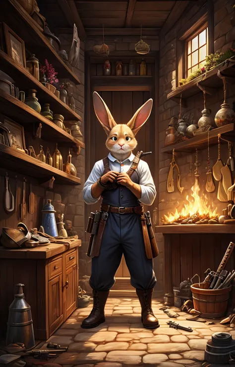 I need a furry rabbit in a blacksmith's suit, fearful and with a tired look, in the middle of one and surrounded by various creations that are more decorations than weapons