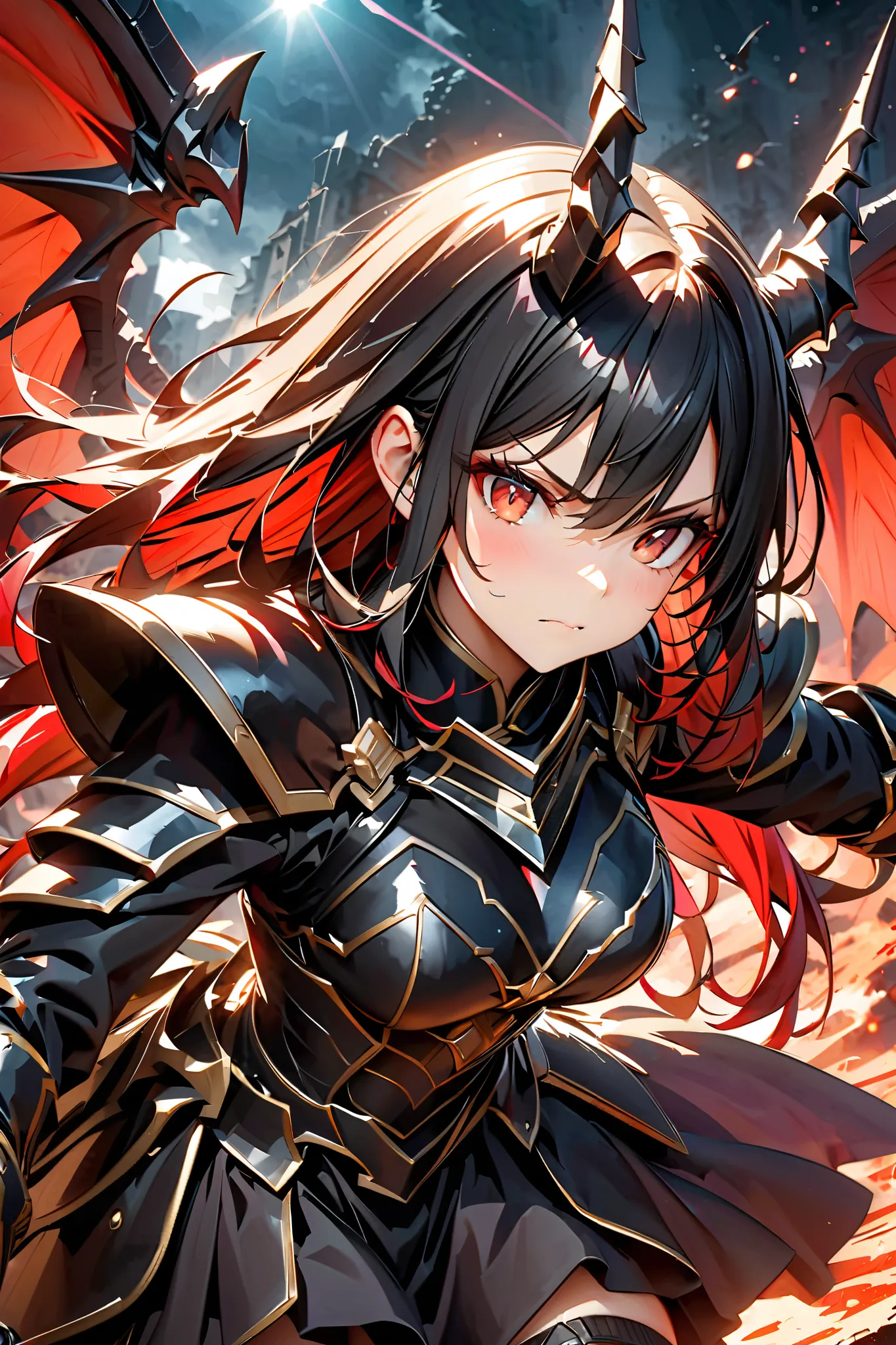 Girl Fighting with Weapons、
1 girl,  serious expression、 long hair,    black hair,  dragon horn,  Dragon Wings behind ：1.2、red eyes,  cute face、Armed Girl、 Compact Black Armor 、Exquisite Black Gauntlet、Exquisite shin guard picture、Brilliant Armor 、Flutteri...