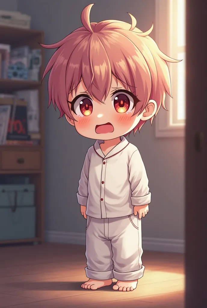 ((anime  )) ,  boy, s, Sad expression crying, scared, with red eyes,  light pink hair,  dark brown yard hair , yellow eyes, white pajamas, standing, barefoot in his room
