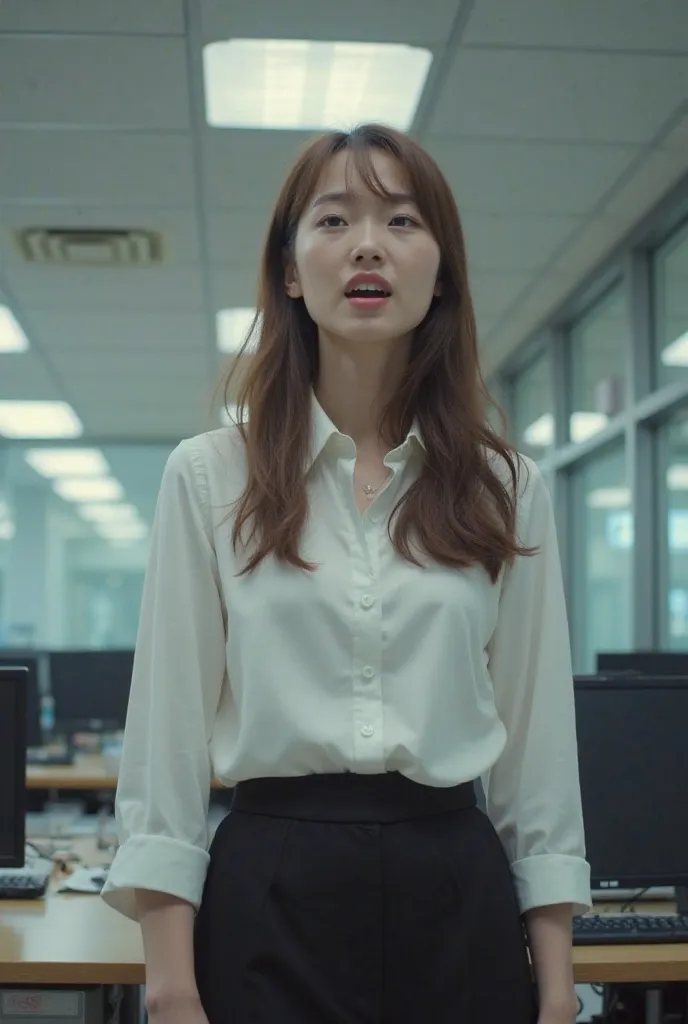 Japanese woman(30th Generation)、Real photo style、in an office bursting with anger and screaming。brown hair long、in a white blouse and black skirt。The background is a composition of a desk and computer。The fluorescent light source。High quality 8K。