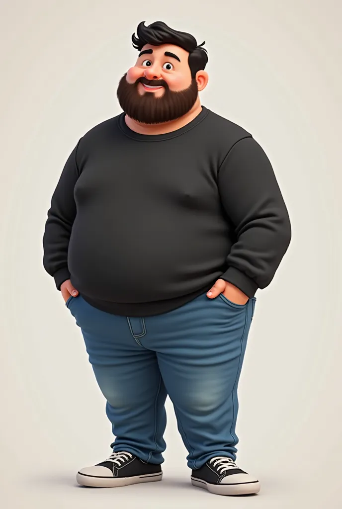 Create an animated image of a man 1.69 tall white brown eyes straight black hair with a beard who wears a black sweater and blue jeans and sneakers is of medium build and has a belly but is not that fat 