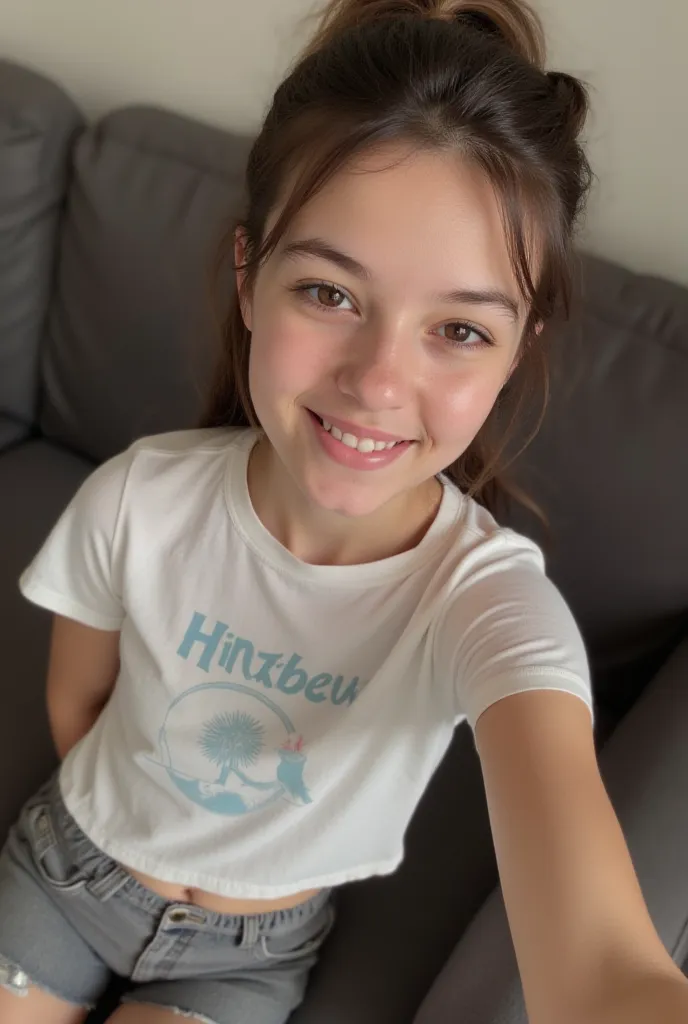 Super Snow-skinned Soviet schoolgirl with ponytail, casual Top outfit, slim body, round face, takes selfie on sofa with super white led, error-free selfie, Clear selfie.