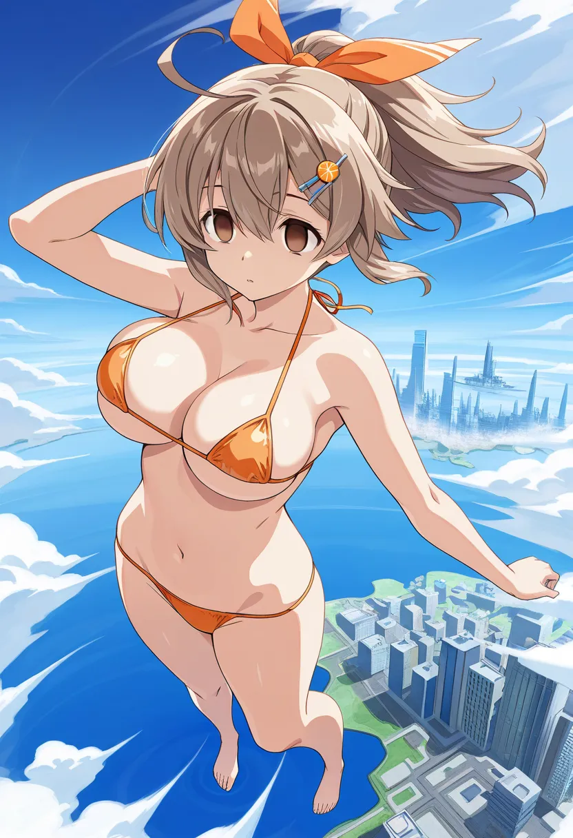 A Floating City,  ,Wind, ,, large breasts, sakuraiakane    , (Girl Friend Beta) light brown hair, ahoge, high ponytail, orange ribbon, hair ribbon, hair between eyes, hairclip, food-themed hair ornament, short hair, brown eyes,  ,,,full body ,empty eyes, m...