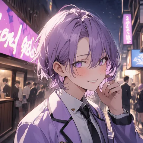 High Resolution, masterpiece, high quality,  purple hair 、Lavender eyes、purple berry shorthair、center parting、solo, 1 male high school student、uniform、boy、 happy/joy, droopy eyes, have twinkling eyes,  watching viewers、Look at the characters from a little ...