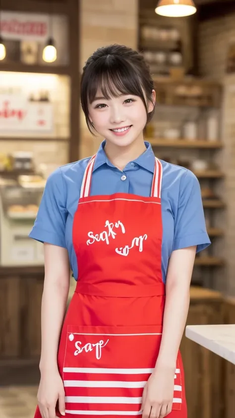 Only one woman, standing, (Staff uniform) (Red apron), /(Black hair/) Bangs, Gentle smile with blush on cheeks, (Top quality masterpiece :1.2) Super detailed delicate illustration, ((Big Break)), (Cafe shop) Indoor, ((( girl, Slim, ))), ((Red apron over co...