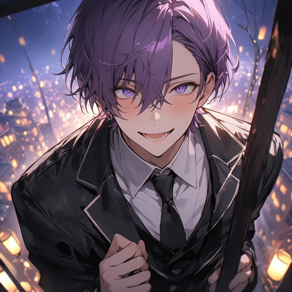 High Resolution, masterpiece, high quality,  purple hair 、Lavender eyes、purple berry shorthair、center parting、solo, 1 male high school student、uniform、boy、 happy/joy, droopy eyes, have twinkling eyes,  watching viewers、Look at the characters from a little ...