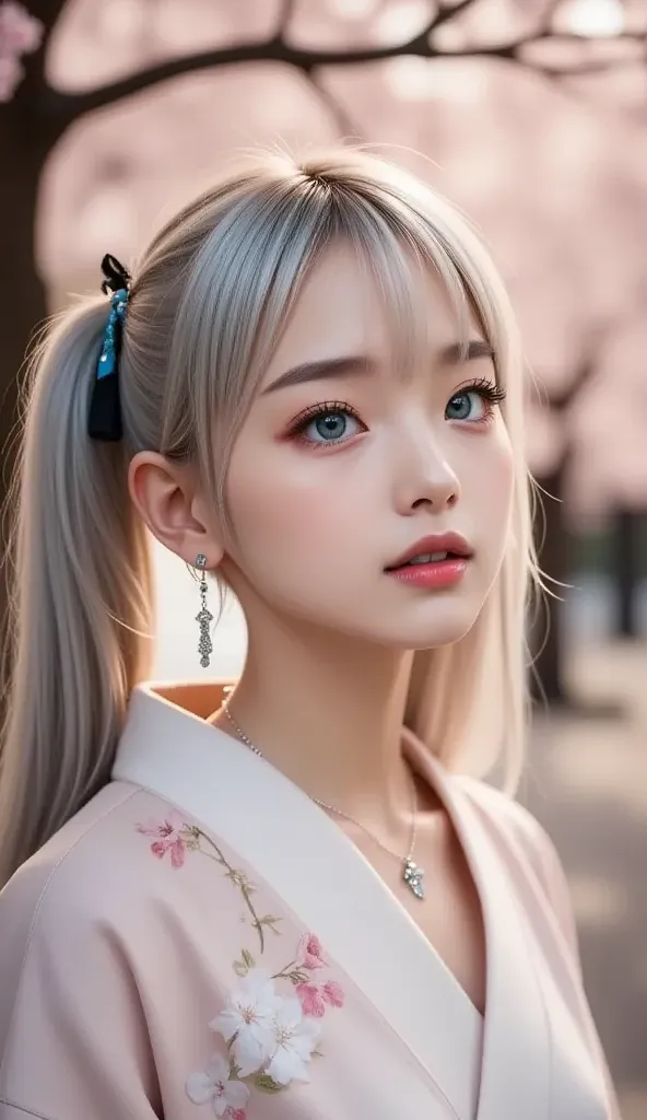 real image like the picture、８ｋ、Under Yoshino cherry trees、background、gentle and shining eyes、woman with an innocent expression that leaves a girl vibe、light brown hair、straight hair、 blue eyeshadow、Cheek、lipstick、mascara、eyebrow、 kimono、Full Body Accessori...