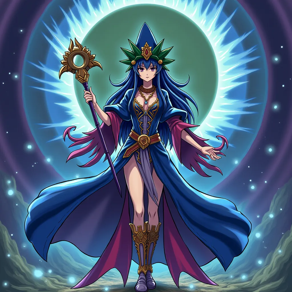 YU-GI-OH carte monstre, la prêtresse magicienne, habillée en bleu indigo, long cheveux châtain clair, cercle magique en arrière plan, chapeau de magicienne, belle poitrine, corps complet, dans un style de peinture anime Yu-gi-oh duel Monster , anime YU-GI-...