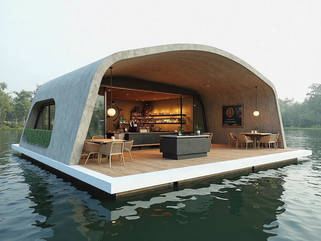 A curval minimalist geometric floating coffee shop blending Thai heritage with modern design. Built on a white raft 1/3 submerge, parquet flooring, layered gable roofs with solar panel. Walls combine teak and raw concrete. The transparent green glass fence...