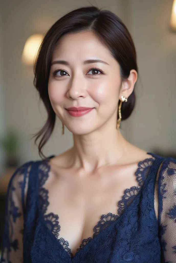 A close-up portrait of a glamorous 48-year-old Japanese woman with luxurious, shimmery makeup. She wears an elegant, deep blue evening dress with intricate lace details and a plunging neckline, highlighting her décolletage. Her golden and bronze eye makeup...