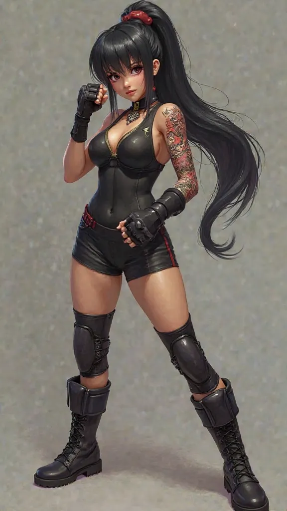  Woman,   with long black hair  ,  ponytail , defined body and a dragon tattoo on the arm ,  dressed in a black bodysuit, short black shorts and boots ,   fighting position, look,  wearing knee and elbow protector and a glove on the hands 