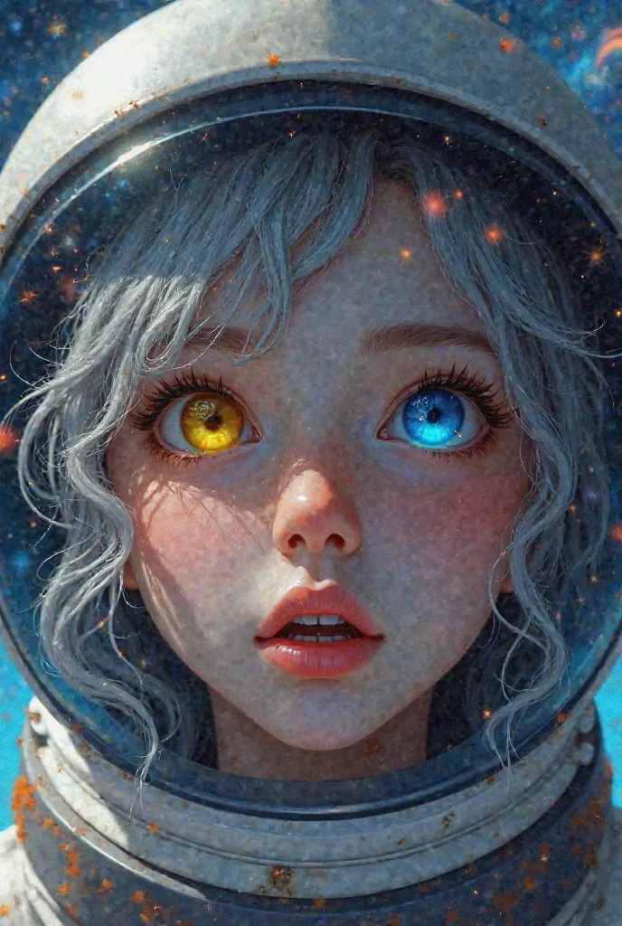 Close-up of a Better Masterpiece:1.5)0.9], ( astronauts and astronauts:1.2) (Messy silver hair:1.1) (Different colored eyes:Yellow and blue:1.2) (Space helmet:1.0) (, colorful stars in the eyes:1.0) (Glowing light:1.1) ( thick lips:0.9)