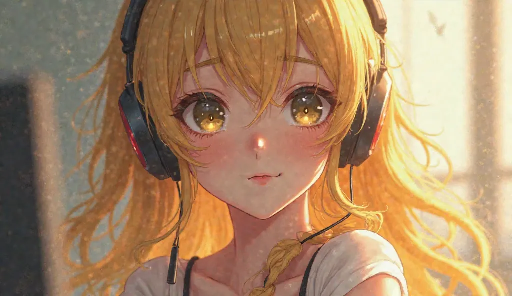 long hair, open your mouth slightly, headphones, have twinkling eyes, yellow hair　older sister　 beauty　 electric guitar on my computer　, anime, tears,smiles, 