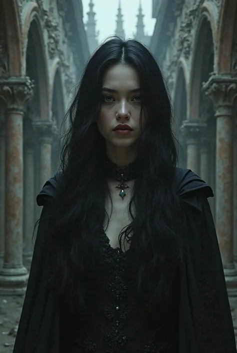 "A beautiful gothic female vampire portrait, with long black hair covering her ears, sharp and intense eyes, polished and powerful appearance. The background features an ancient Byzantine-style castle or a gothic fortress, evoking a dark and mysterious atm...