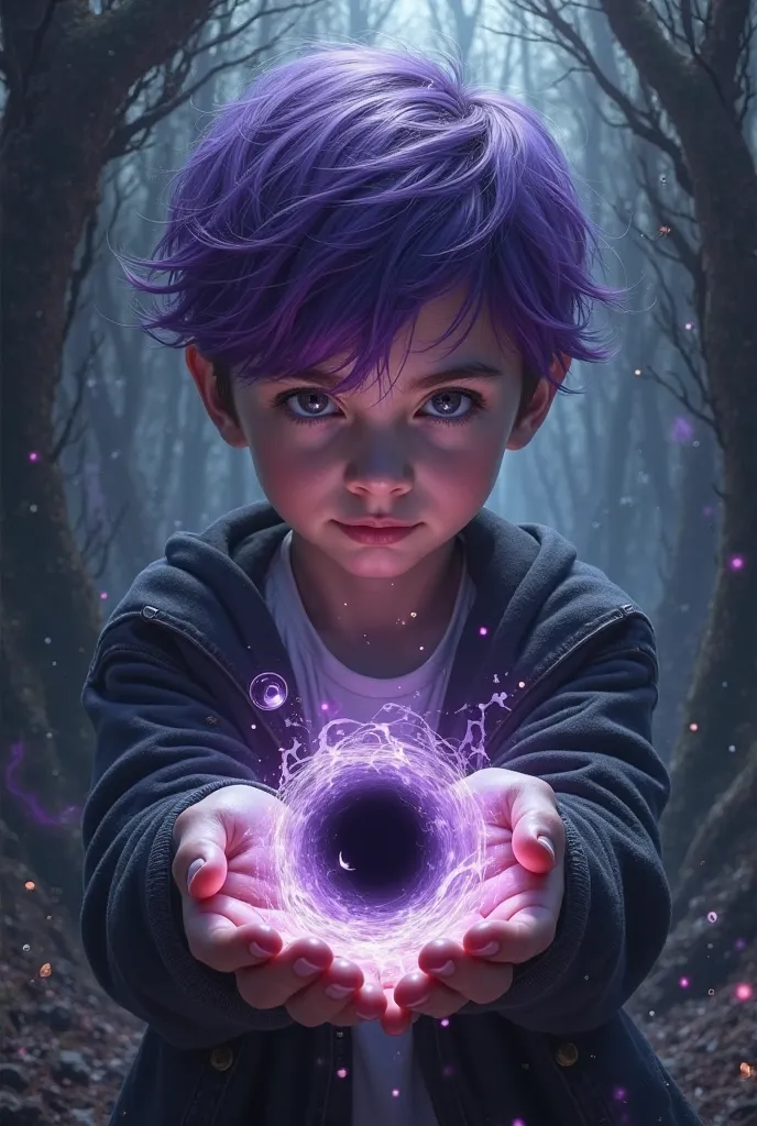 Create an image with a boy with some purple hair, with a small black hole in his hand and a dark aura in the background 