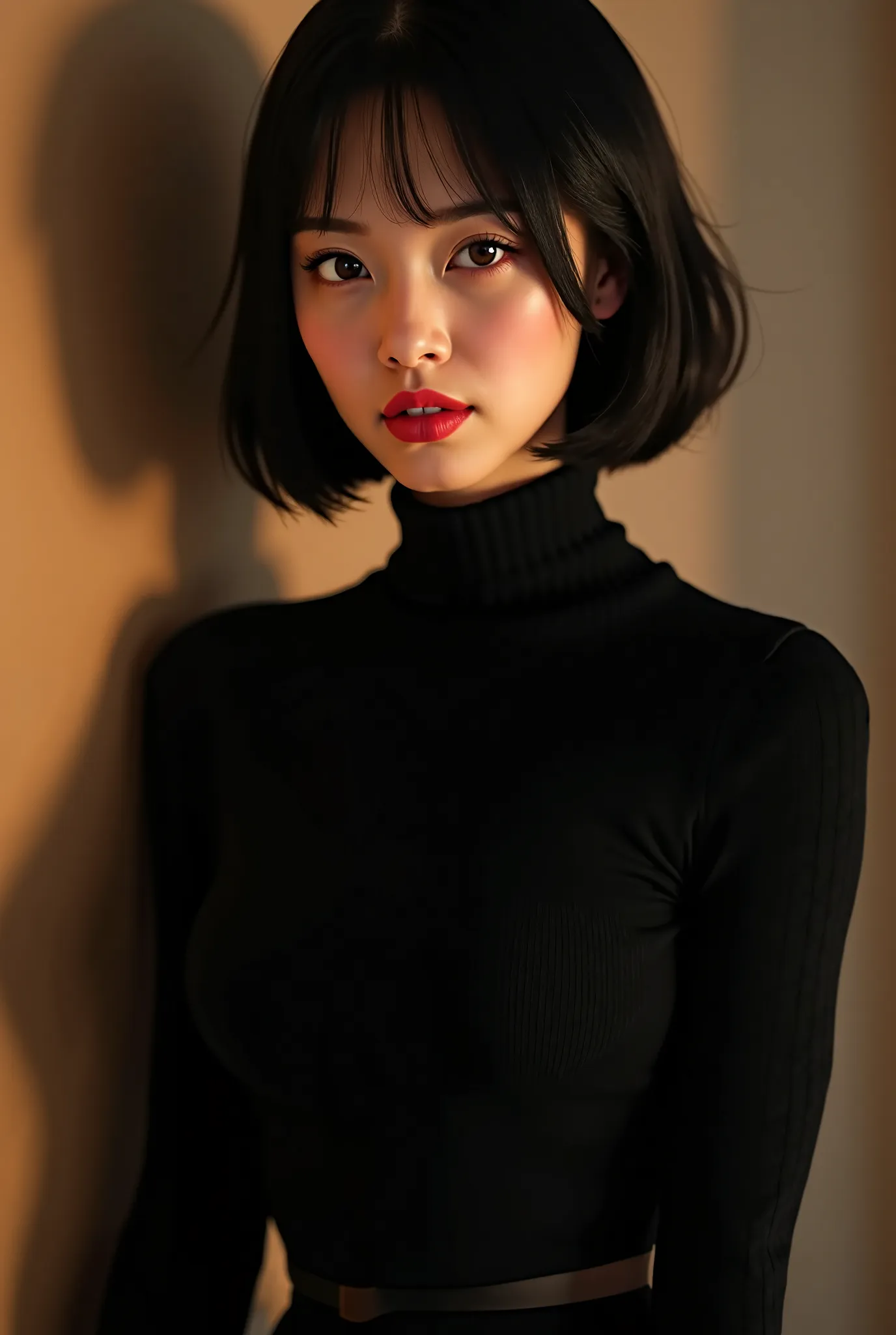 A hyper-realistic digital painting of a beautiful young woman with delicate Japanese features and short, silky black hair that frames her face perfectly. Her deep, dark eyes hold an intense, almost hypnotic gaze, and her flawless, porcelain skin glows soft...