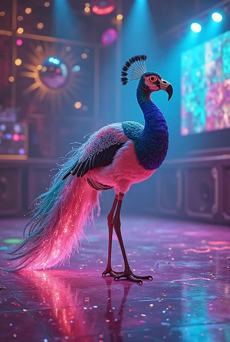 Image Prompt: A magnificent peacock stands proudly on a vibrant neon stage, its iridescent feathers glowing with electric blues, purples, and greens under the flashing disco lights. The background is filled with swirling pink and yellow laser beams, and a ...