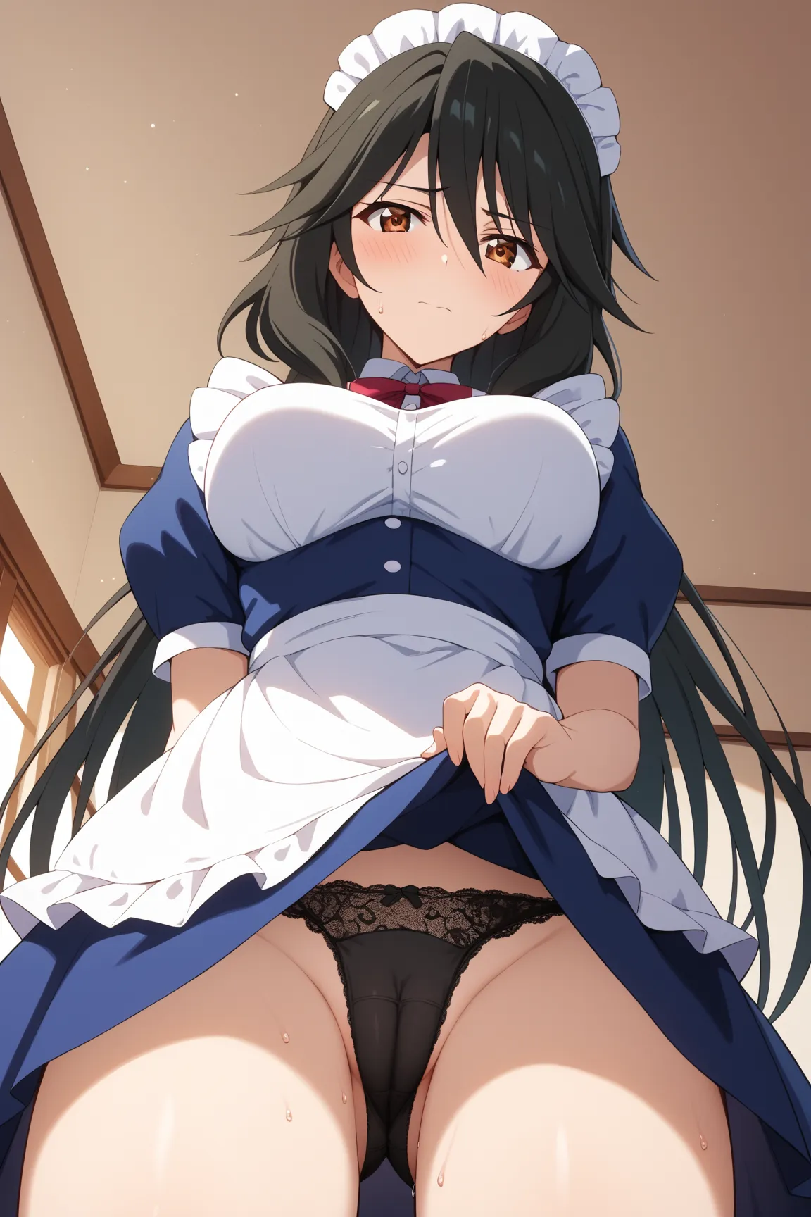 masterpiece,best quality,{{detailed beautiful face and eyes}}, very detailed background,
Chifuyu Orimura,{{{megami magazine}}},long hair,black hair,bangs,hair between eyes,brown eyes,large breasts,
((maid)),skirt lift,
1girl,black lace panty shot,cameltoe,...