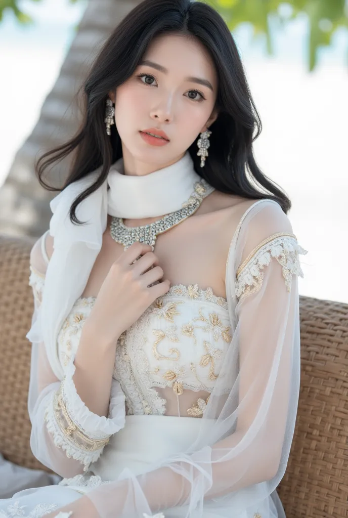 (Super detailed body, super detailed face, best quality: 1.2), beautiful Korean female model upper body, looking at the viewer, (wearing a translucent white silk scarf around her neck, wearing a luxurious traditional dress of Arab women with white embroide...