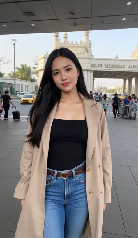 A 29-year-old woman with long black hair wearing a black fitted top, blue jeans, and a beige trench coat standing outside Mumbai Airport. The camera focuses on her face with a natural, relaxed expression. Background features the iconic Mumbai Airport entra...