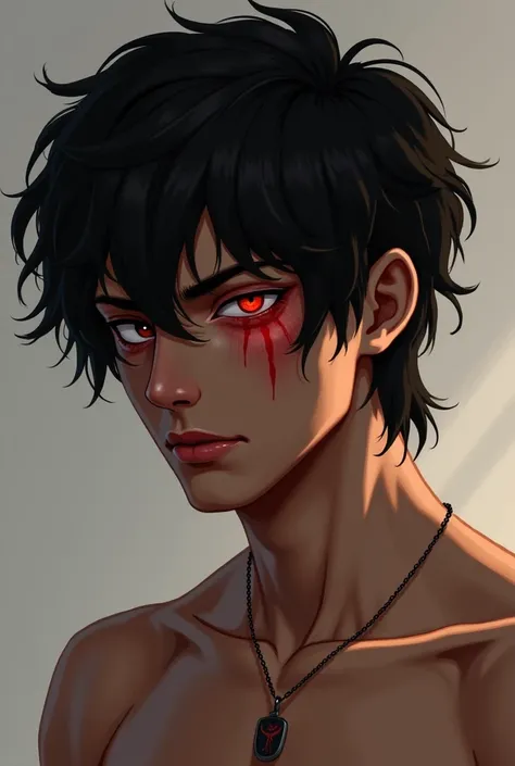 Here is a detailed prompt to use to dry yourself.eat:

"Portrait of an 18-year-old man with black and shoulder-length hair. } Your left eye is closed due to a scar deep that marks his face. His expression reflects a fierce tension, with an aura of violence...