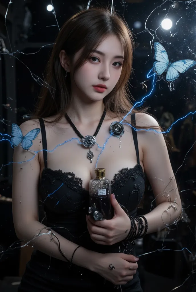 1 Girl,brown hair,brown eyes, Medium Chest , long hair, electricity, summary, break in, broken, Glass, broken Glass, monochrome, spot color,  blue and black theme ,  Dark , sad, Gothic, Black Rose,  thistle and thorns , Flora ,  thick black liquid , Multi-...