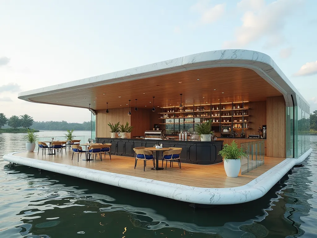 A curval minimalist geometric floating coffee shop blending Thai heritage with modern futuristic design. Built on a white raft 1/3 submerge, parquet flooring, layered gable roofs with solar panel. Walls combine teak and raw marble. The transparent green gl...